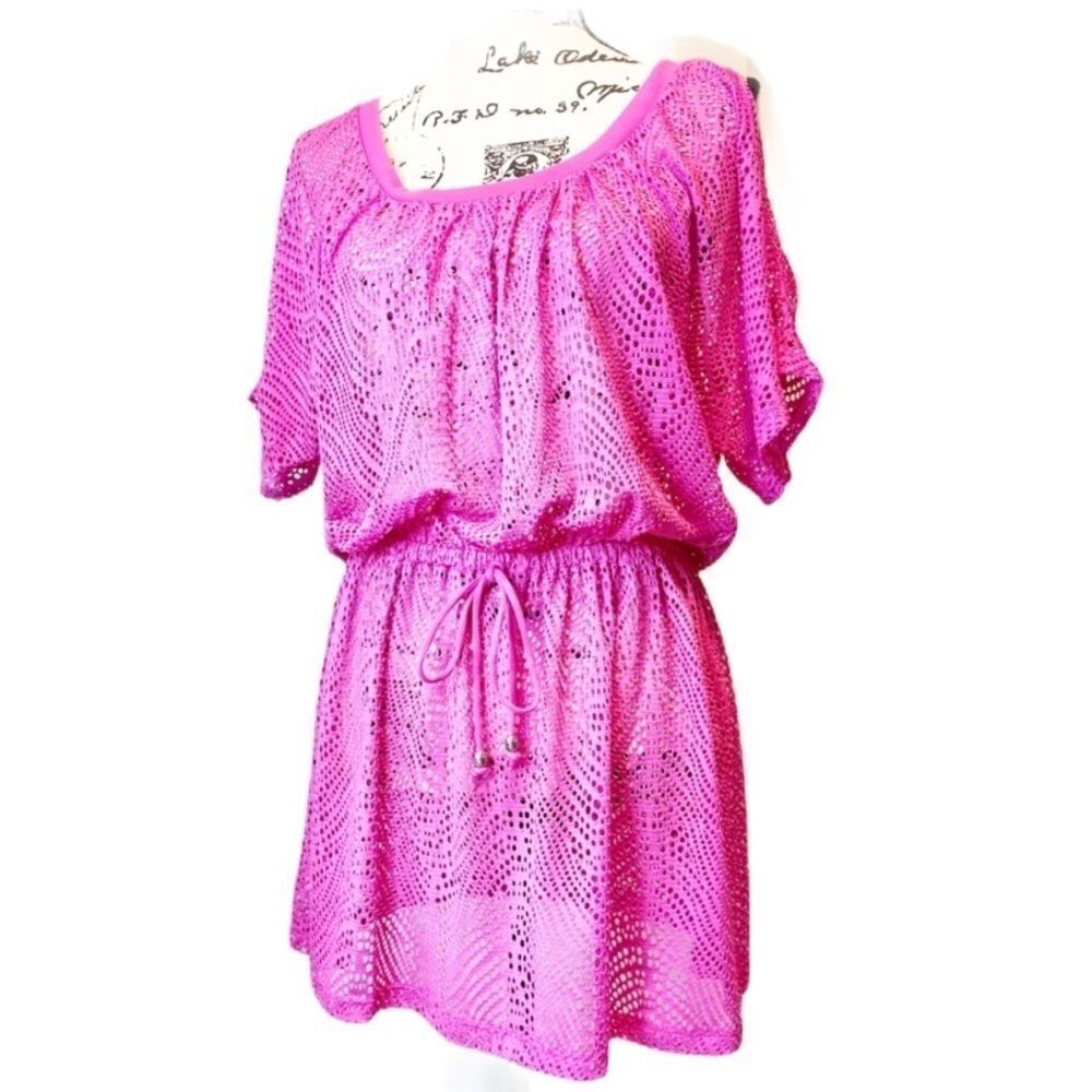 Pink Round Neck Short Sleeve Cut Out Mini Dress Beach Cover Up NEW